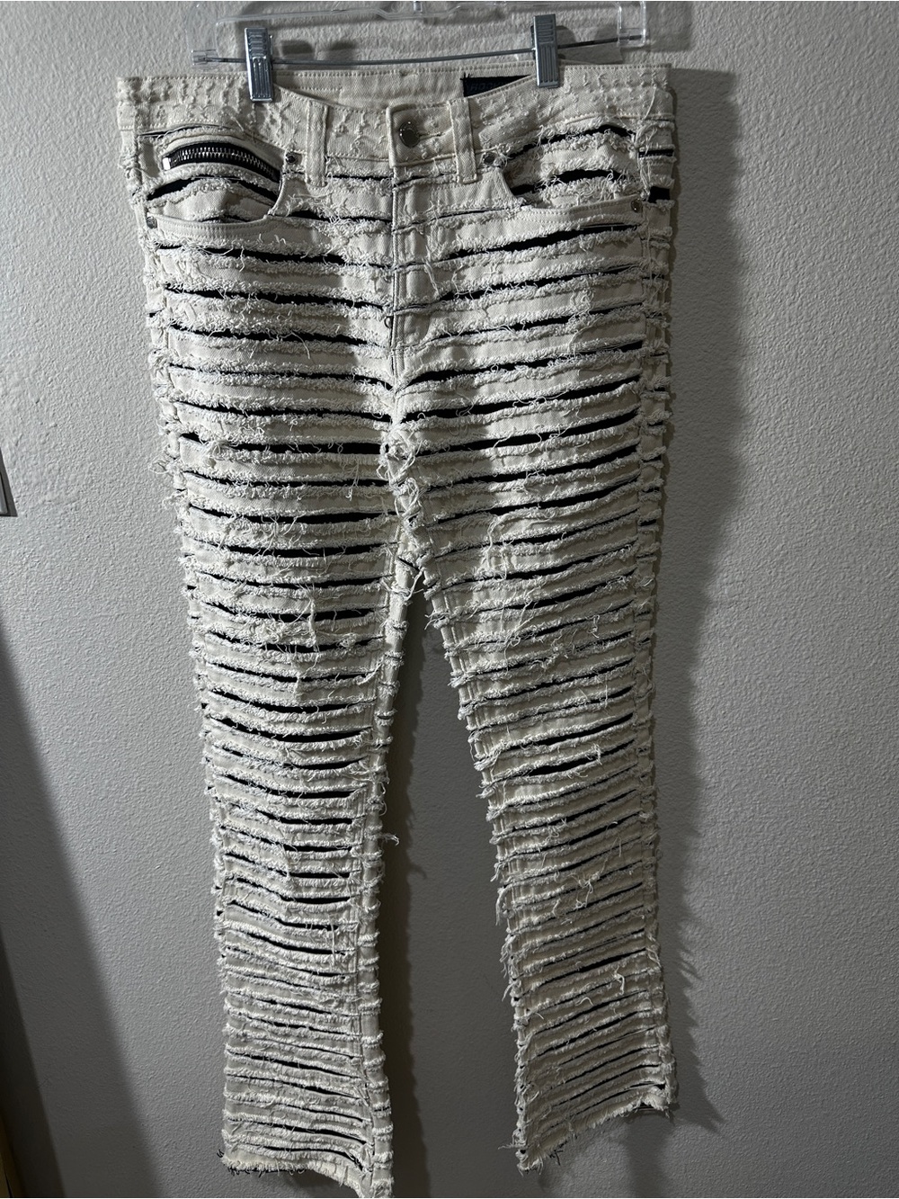 White High-Rise Skinny Jeans with Horizontal Distressed Stripes